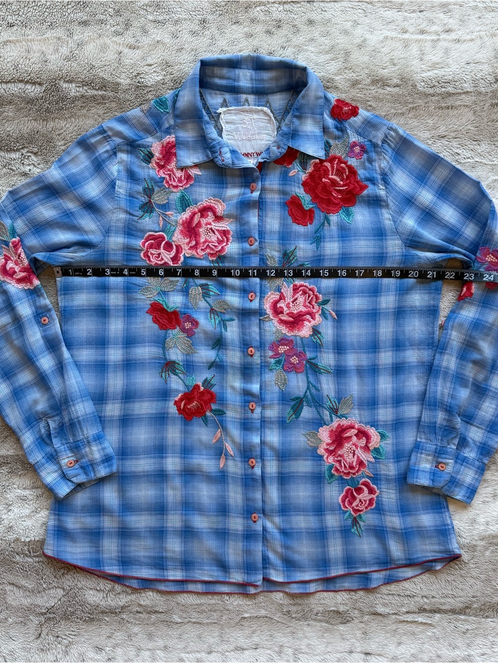 Johnny Was Embroidered Check Relaxed Button Down Shirt Size M - Picture 7 of 10